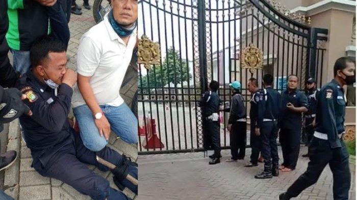 (Kiri) Petugas sekuriti terluka dan kakinya patah karena ditabrak saat menutup gerbang kluster Australia di Green Lake City, Kecamatan Cipondoh, Kota Tangerang, Banten, Minggu (21/6/2020) siang. (Kanan) Sejumlah petugas sekuriti menjaga gerbang.