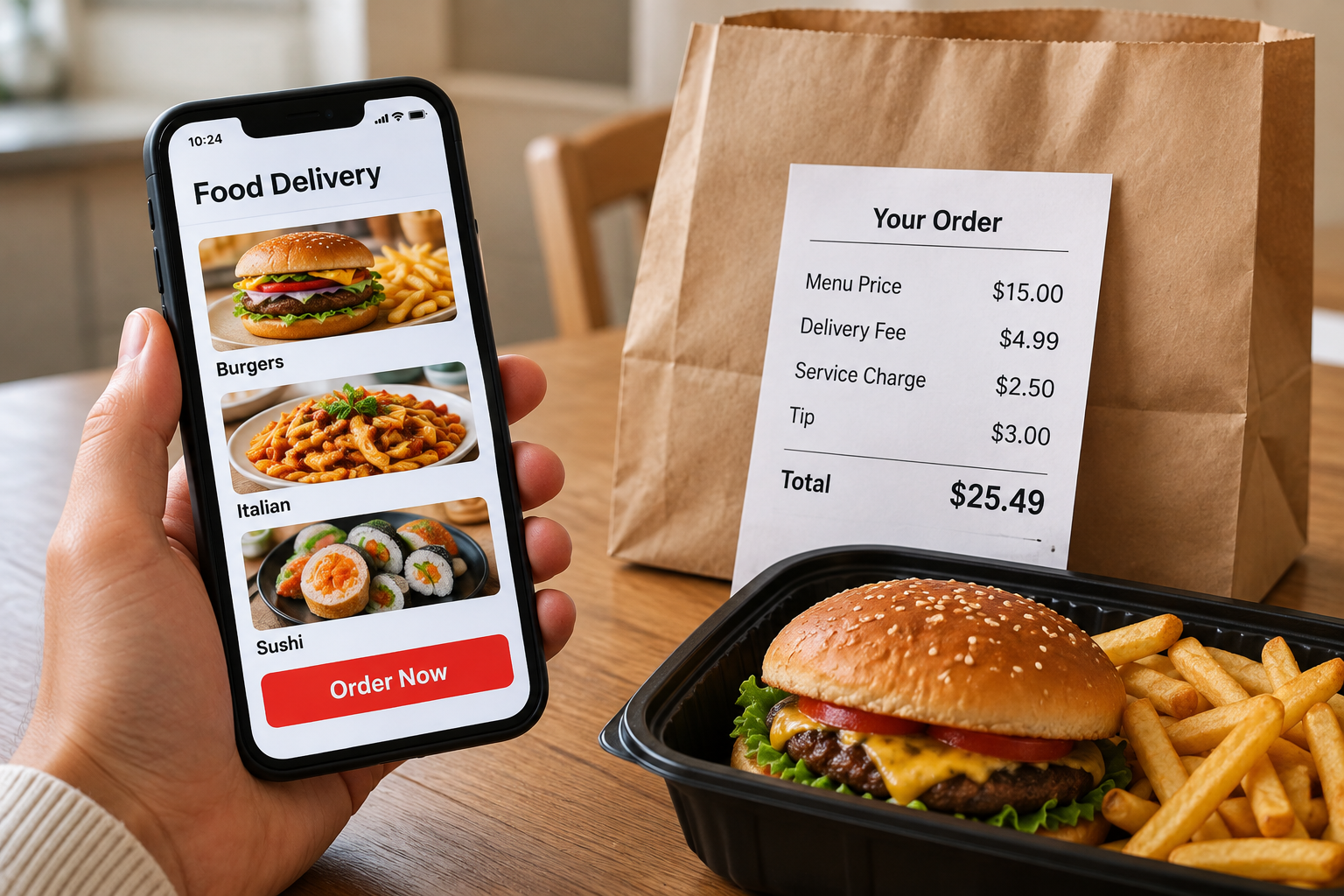 A hand holds a smartphone displaying a food delivery app next to a paper bag with an itemized receipt and a plastic container with a burger and fries.