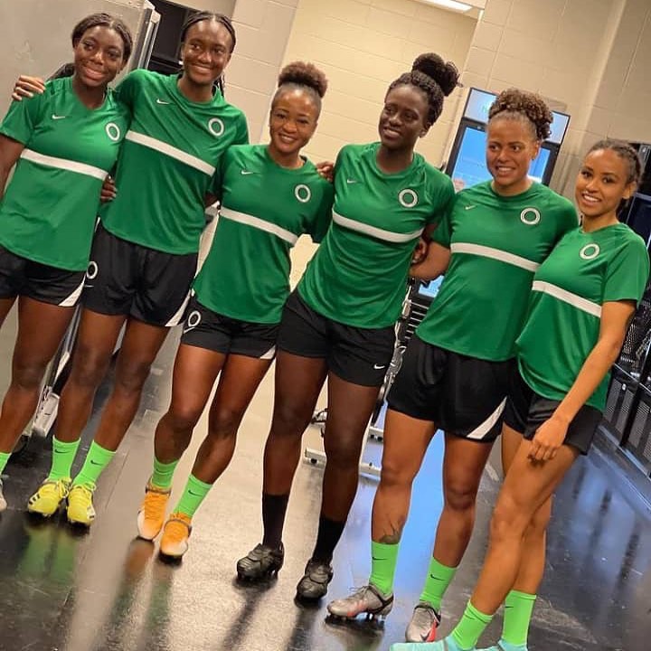 Francisca Ordega (middle) with newly invited Super Falcons players.