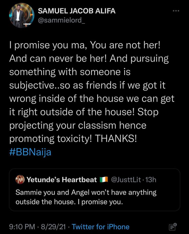 Sammie replies a lady who dragged him over his relationship with Angel