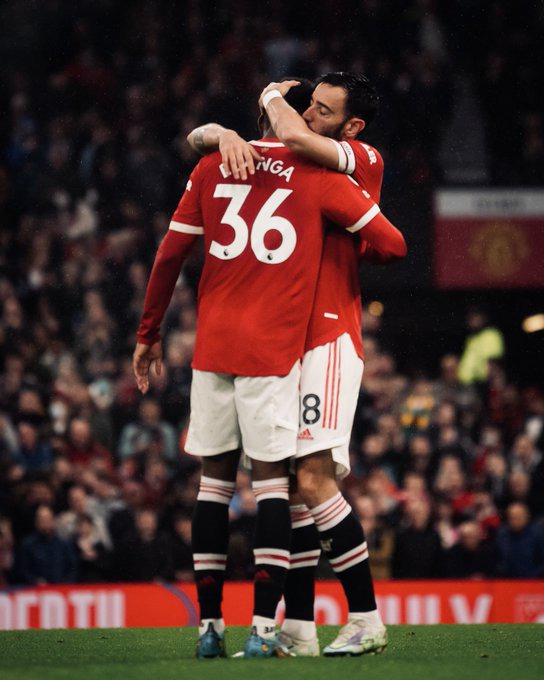 Anthony Elanga and Bruno Fernandes embrace after the latter’s opening goal against Brentford.