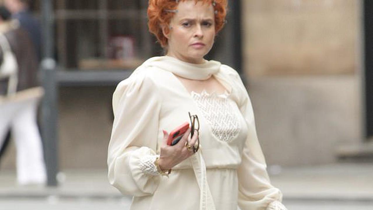 Helena Bonham Carter dons a ginger wig and cream midi dress while filming scenes as Crossroads' Noele Gordon for ITV series Nolly in Manchester