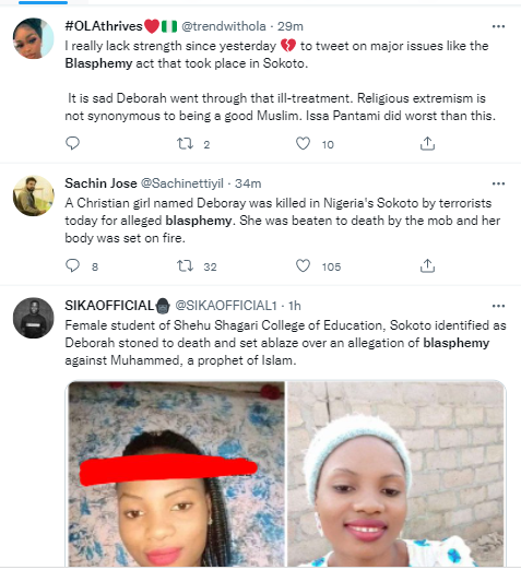  Nigerians react to the lynching of Shehu Shagari College of Education female student in Sokoto over alleged blasphemy