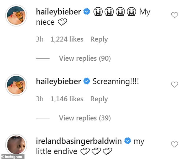 Little endive: Their cousin Ireland Baldwin, 24, also commented on the announcement, writing: 'My little endive'